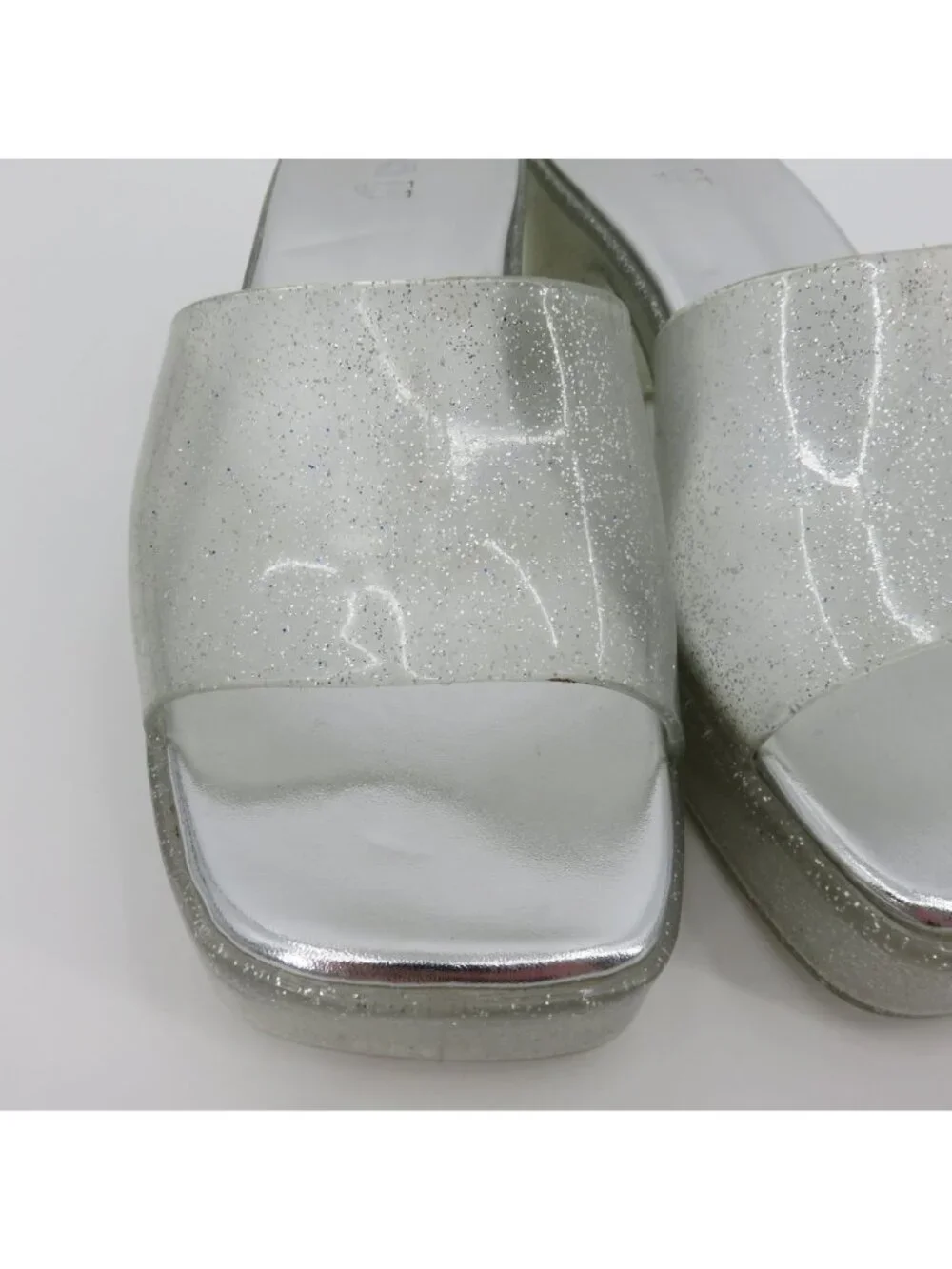 Play Women 7 US Silver Glitter Chunky Heel Platform Slide Shoes Sandals Costume
